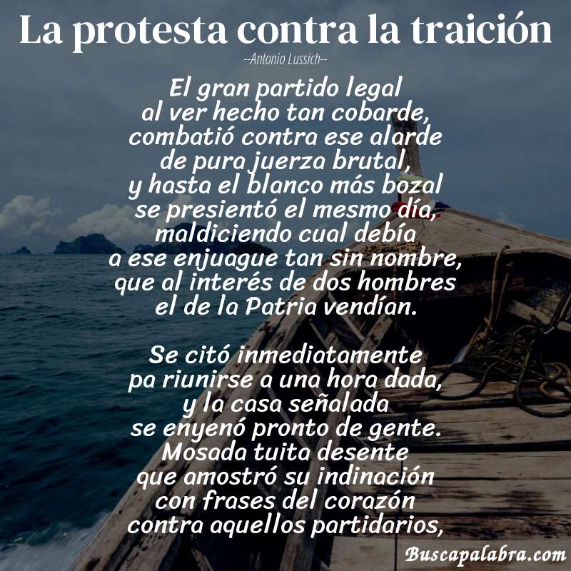 Poema La protesta contra la traición de Antonio Lussich con fondo de barca