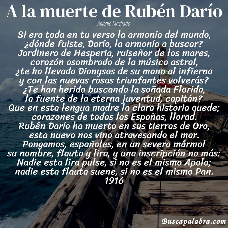 Poema A la muerte de Rubén Darío de Antonio Machado con fondo de barca