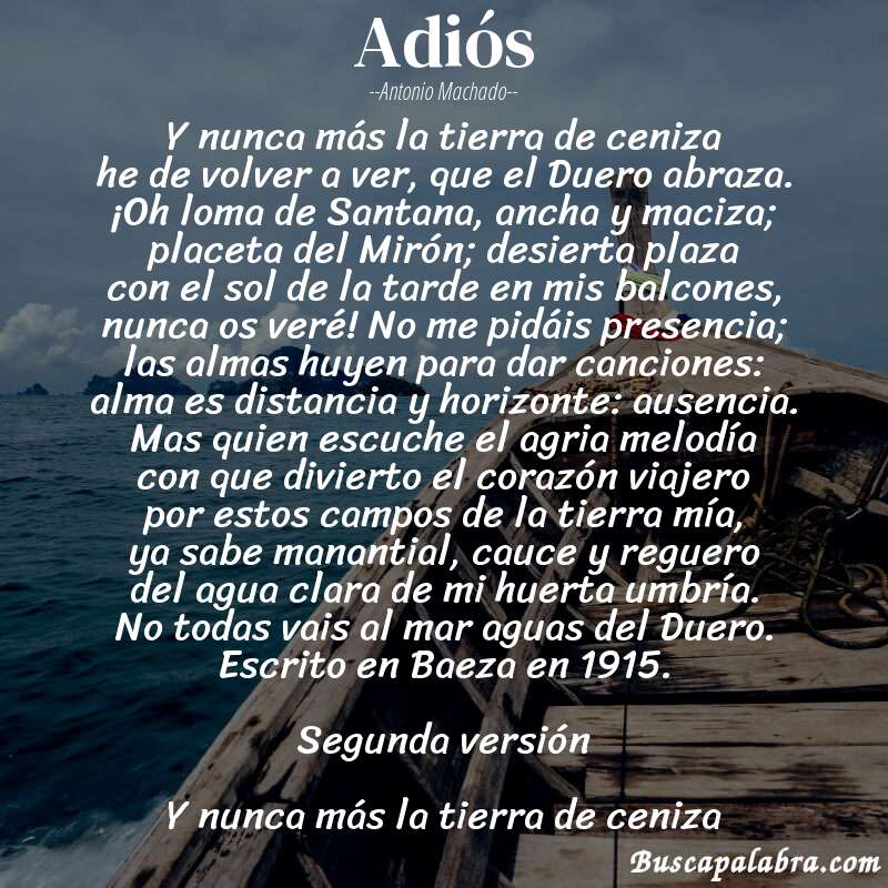 Poema Adiós de Antonio Machado con fondo de barca