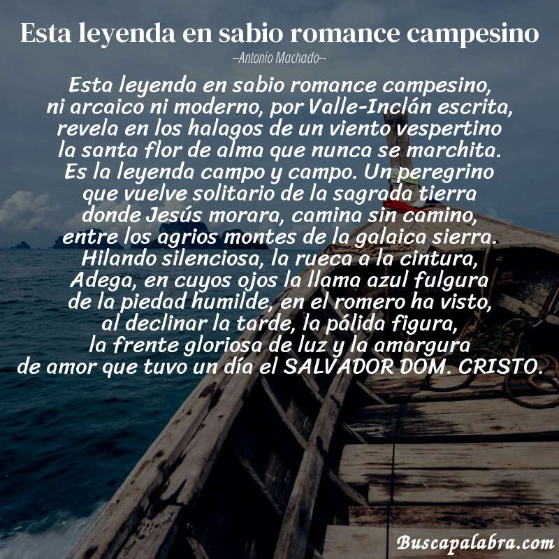 Poema Esta leyenda en sabio romance campesino de Antonio Machado con fondo de barca