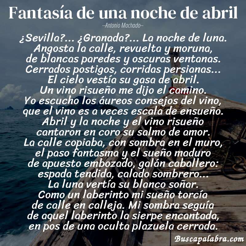 Poema Fantasía de una noche de abril de Antonio Machado con fondo de barca