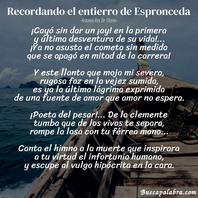 Poema Recordando el entierro de Espronceda de Antonio Ros de Olano con fondo de barca