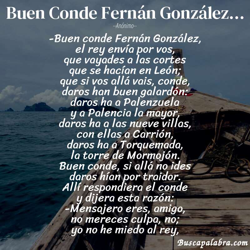 Poema Buen Conde Fernán González... de Anónimo con fondo de barca