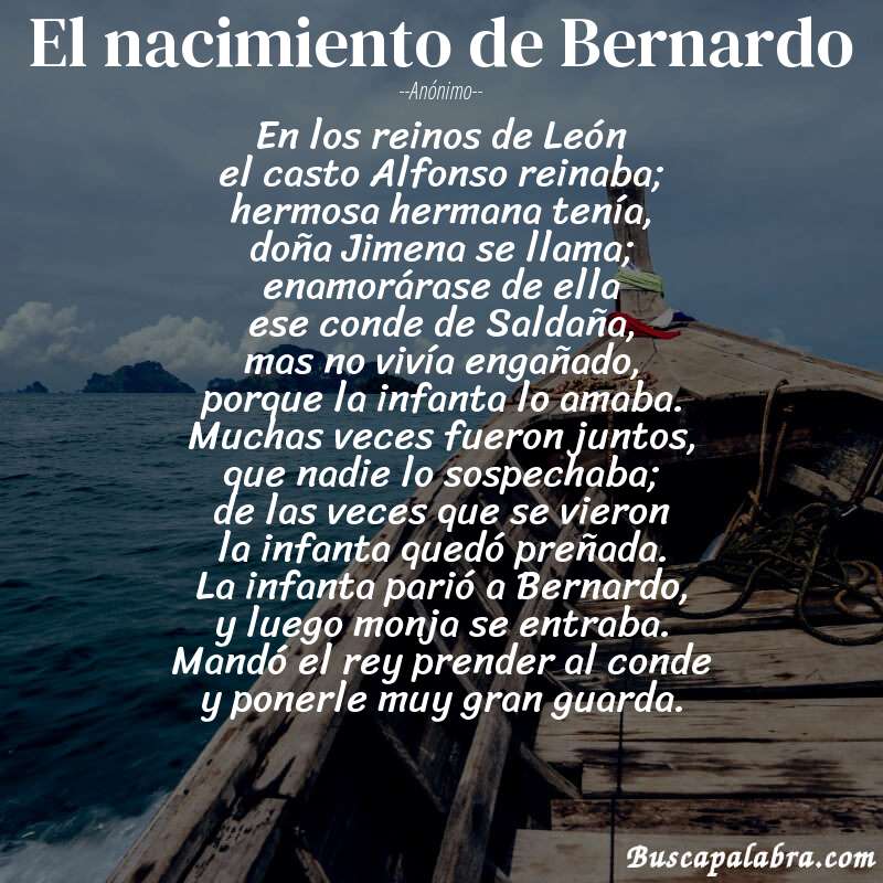 Poema El nacimiento de Bernardo de Anónimo con fondo de barca