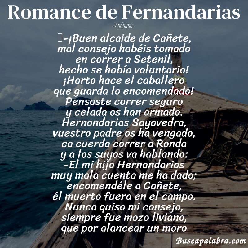 Poema Romance de Fernandarias de Anónimo con fondo de barca