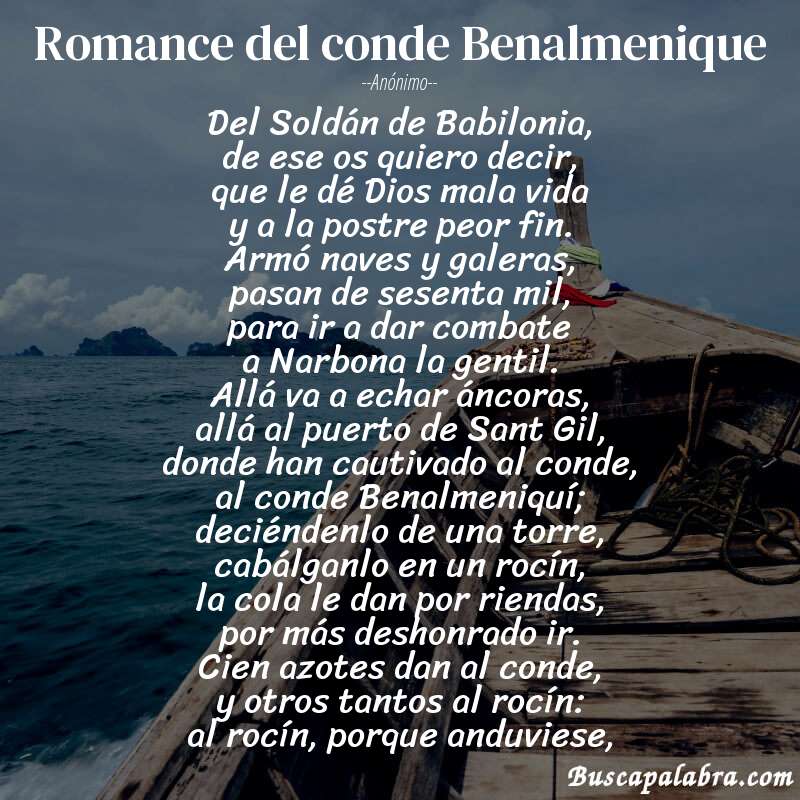 Poema Romance del conde Benalmenique de Anónimo con fondo de barca