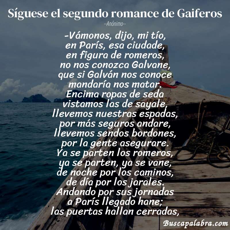 Poema Síguese el segundo romance de Gaiferos de Anónimo con fondo de barca