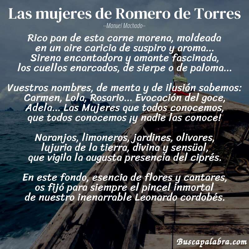 Poema Las mujeres de Romero de Torres de Manuel Machado con fondo de barca