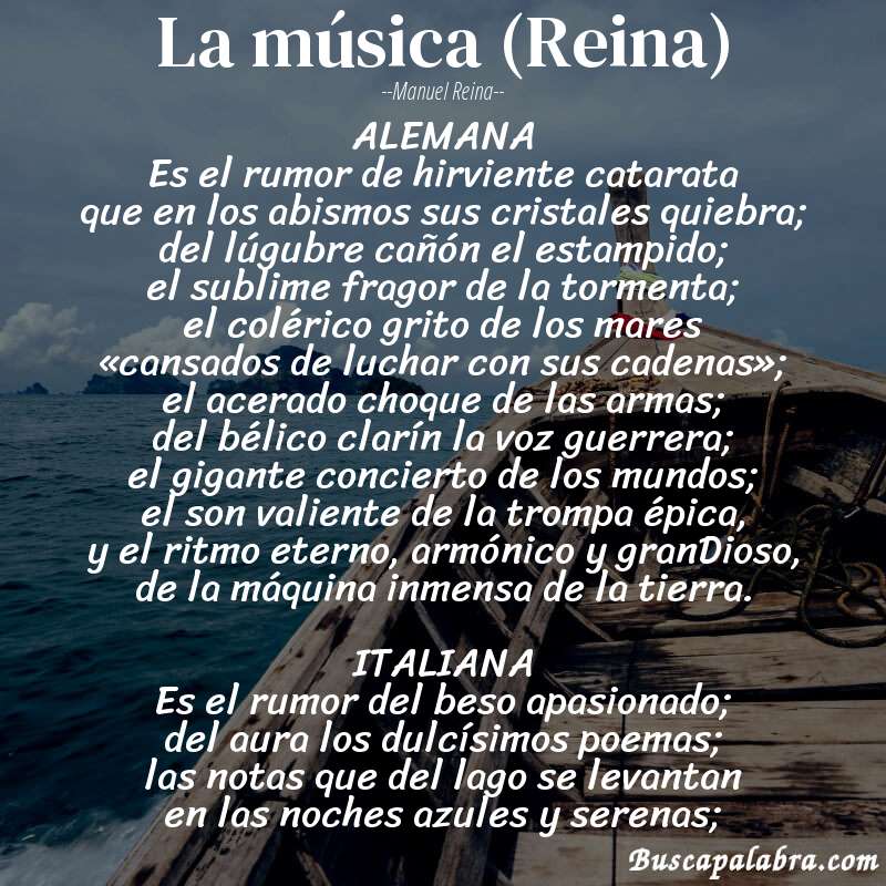 Poema La música (Reina) de Manuel Reina con fondo de barca