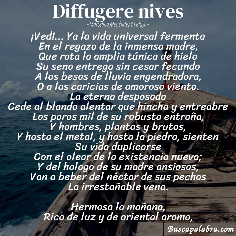 Poema Diffugere nives de Marcelino Menéndez y Pelayo con fondo de barca