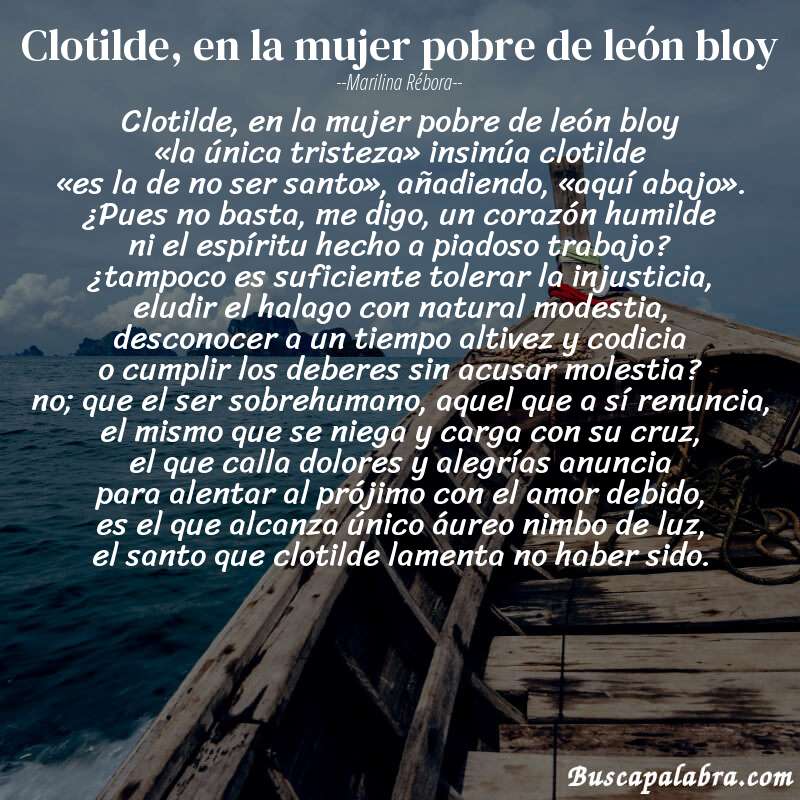 Poema clotilde, en la mujer pobre de león bloy de Marilina Rébora con fondo de barca