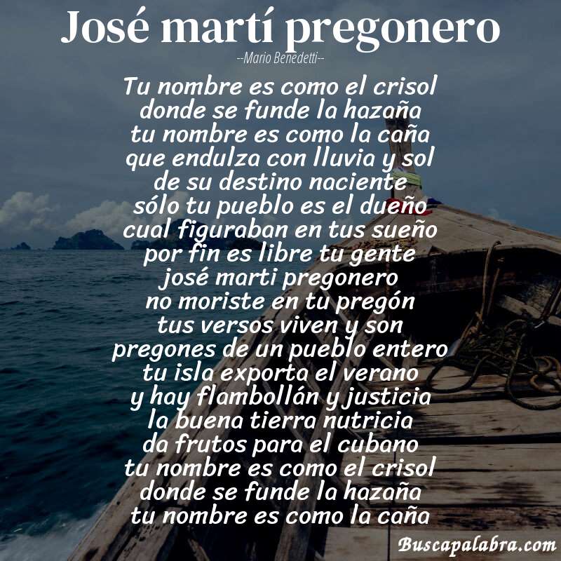 Poema josé martí pregonero de Mario Benedetti con fondo de barca