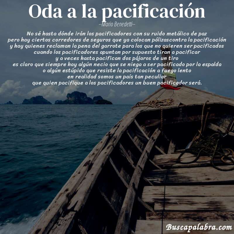 Poema oda a la pacificación de Mario Benedetti con fondo de barca
