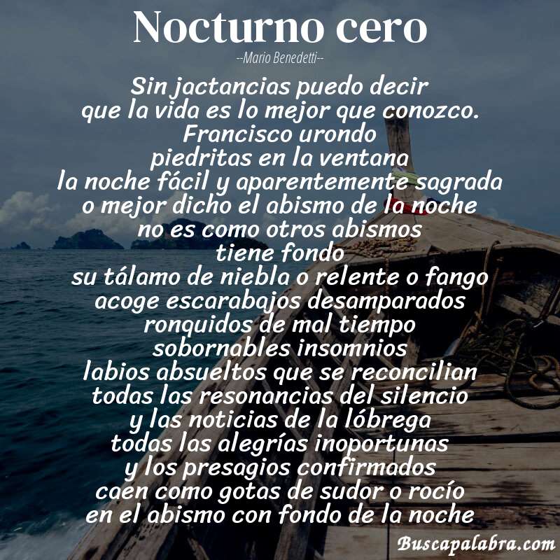 Poema nocturno cero de Mario Benedetti con fondo de barca