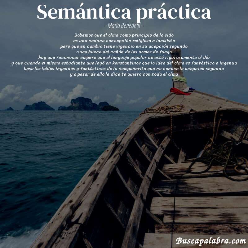 Poema semántica práctica de Mario Benedetti con fondo de barca