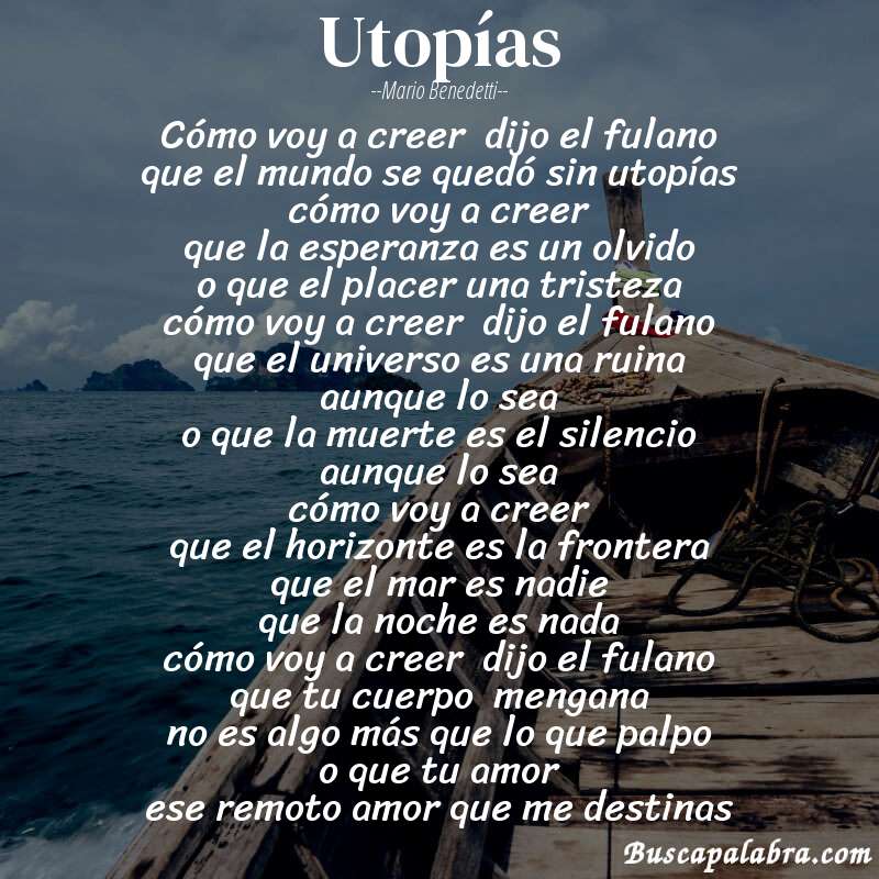 Poema utopías de Mario Benedetti con fondo de barca