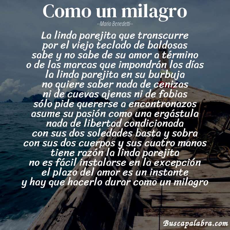 Poema como un milagro de Mario Benedetti con fondo de barca