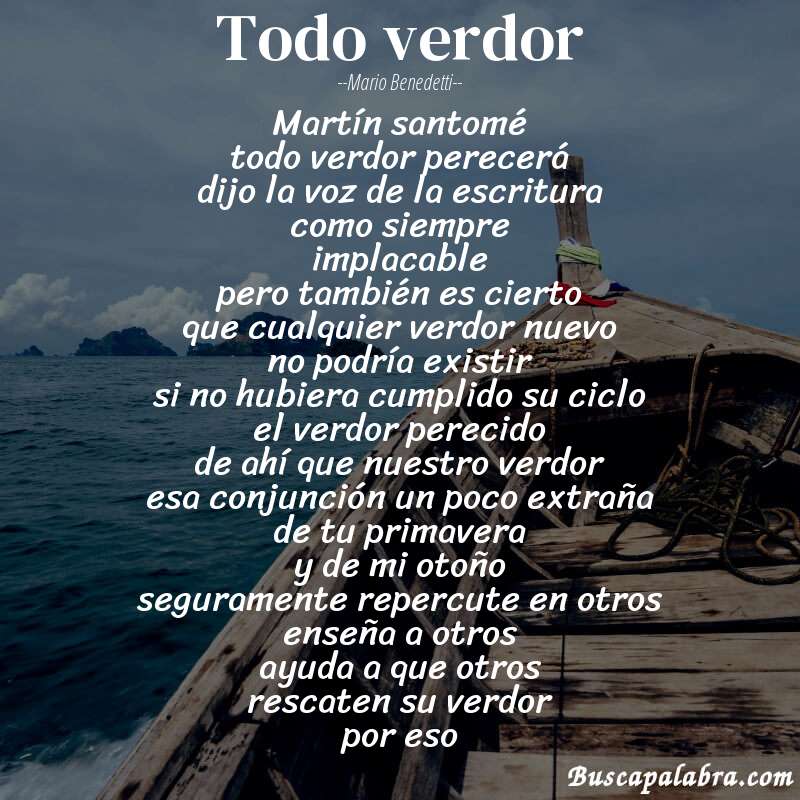 Poema todo verdor de Mario Benedetti con fondo de barca