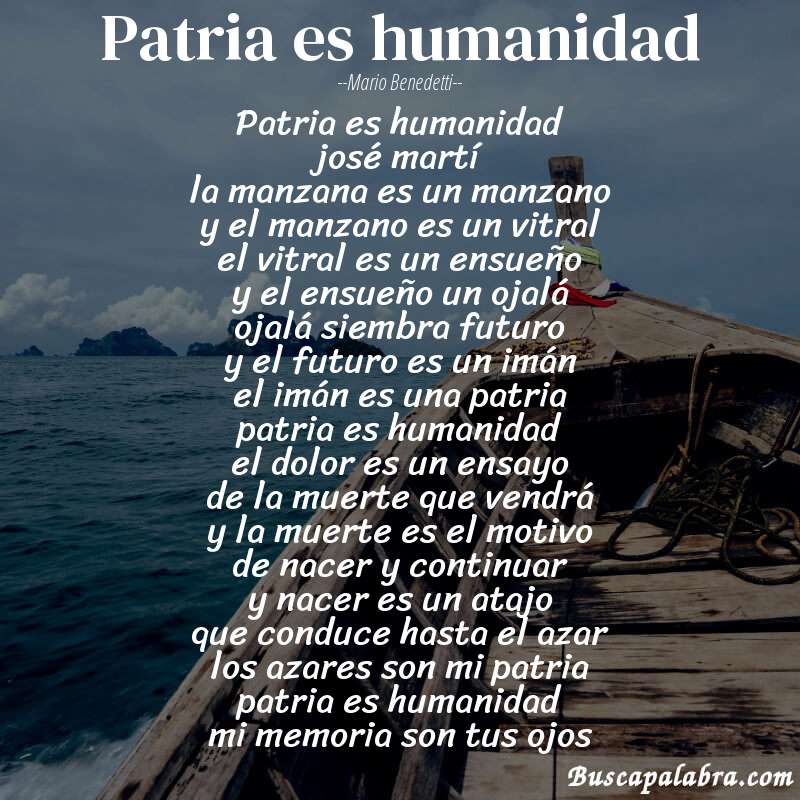 Poema patria es humanidad de Mario Benedetti con fondo de barca
