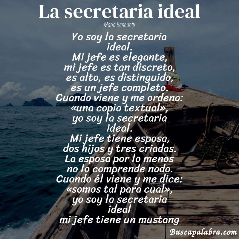 Poema la secretaria ideal de Mario Benedetti con fondo de barca