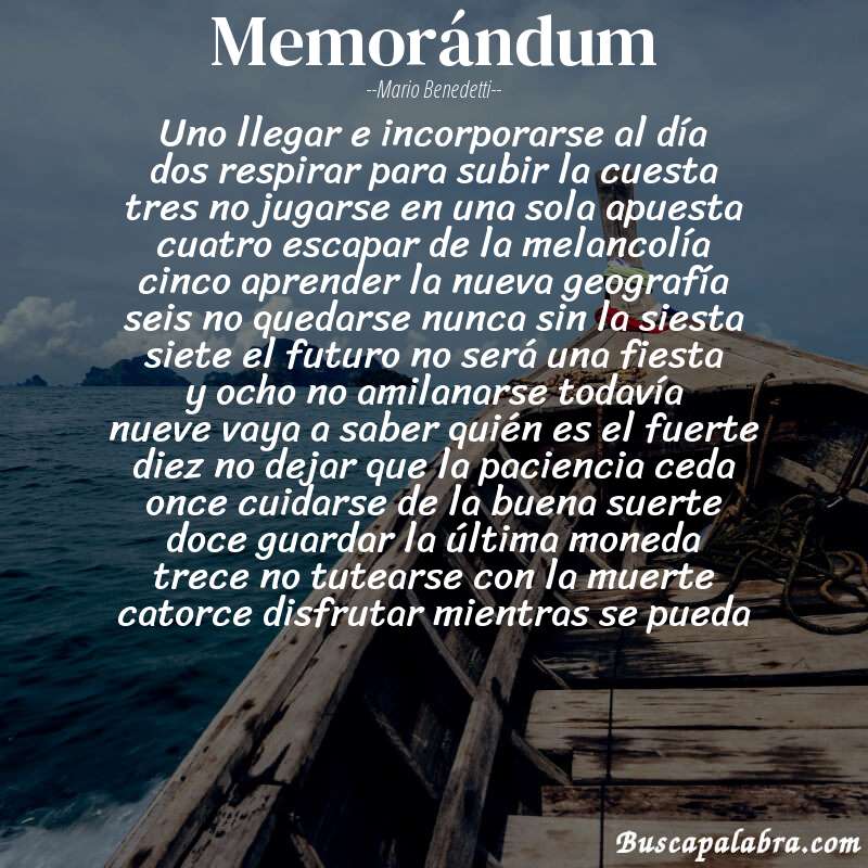 Poema memorándum de Mario Benedetti con fondo de barca