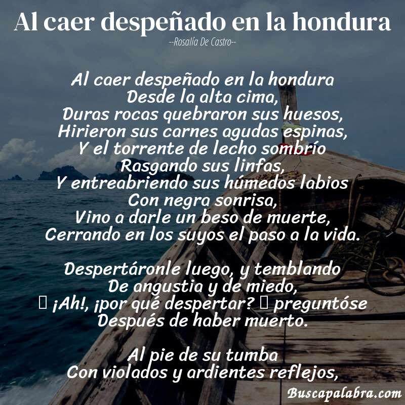 Poema Al caer despeñado en la hondura de Rosalía de Castro con fondo de barca