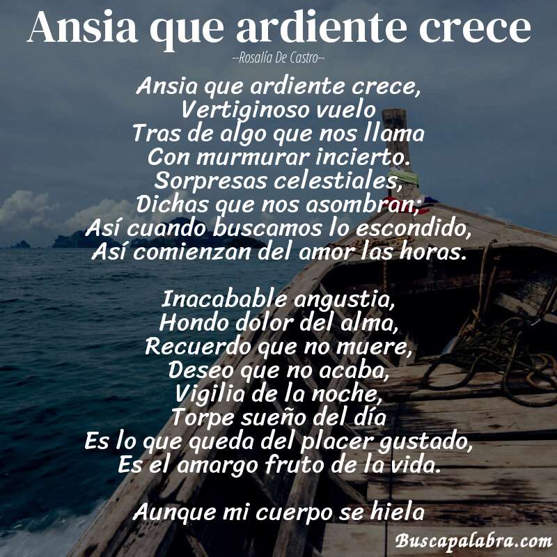 Poema Ansia que ardiente crece de Rosalía de Castro con fondo de barca