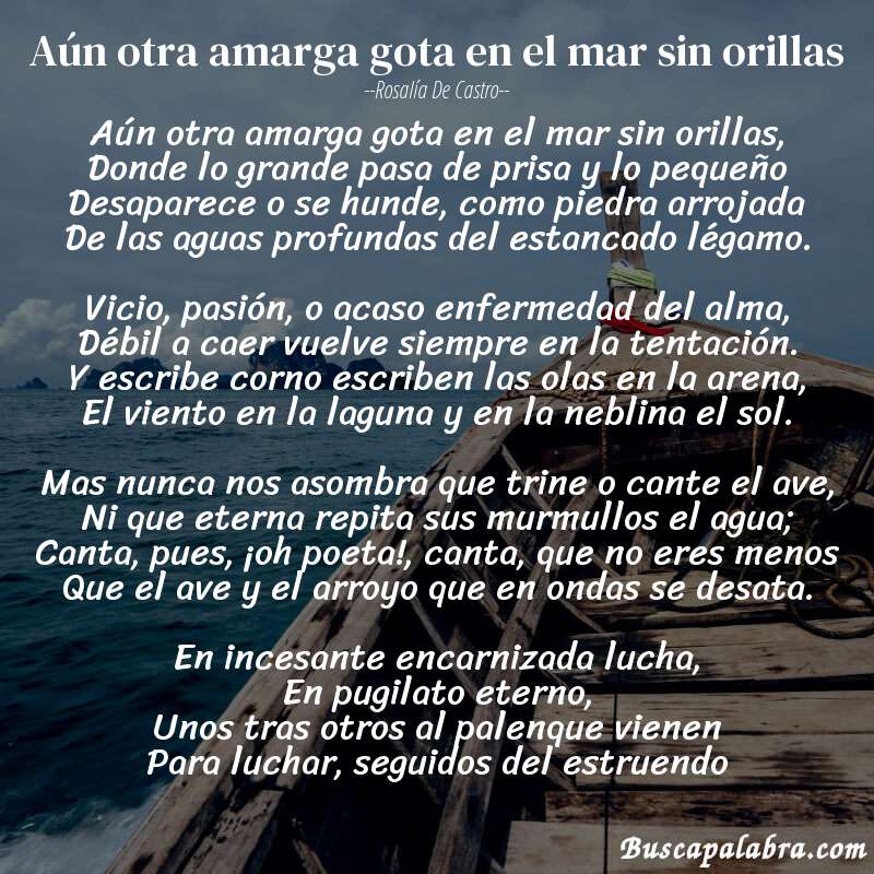 Poema Aún otra amarga gota en el mar sin orillas de Rosalía de Castro con fondo de barca