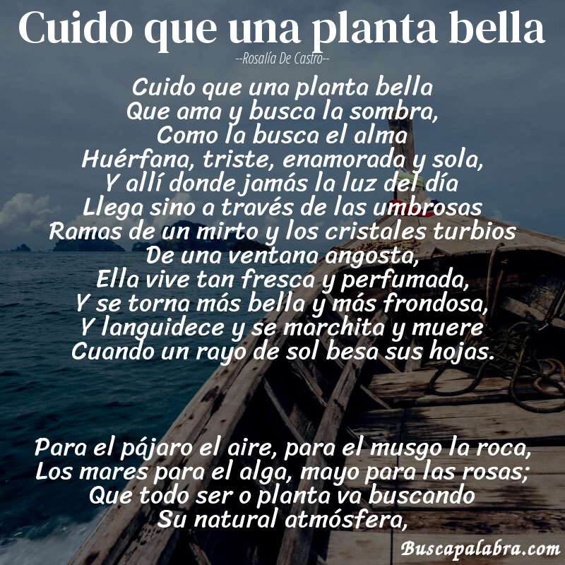 Poema Cuido que una planta bella de Rosalía de Castro con fondo de barca