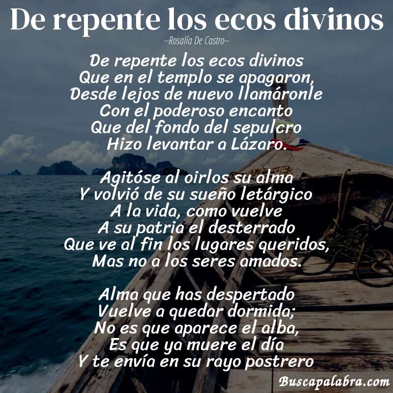 Poema De repente los ecos divinos de Rosalía de Castro con fondo de barca