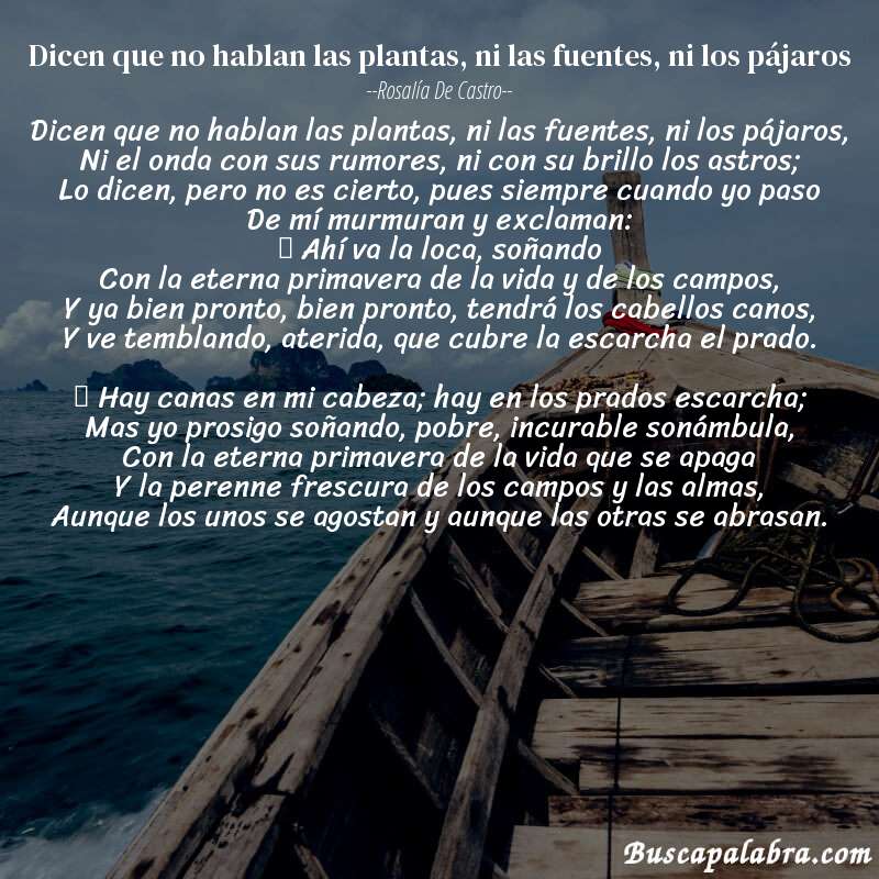 Poema Dicen que no hablan las plantas, ni las fuentes, ni los pájaros de Rosalía de Castro con fondo de barca