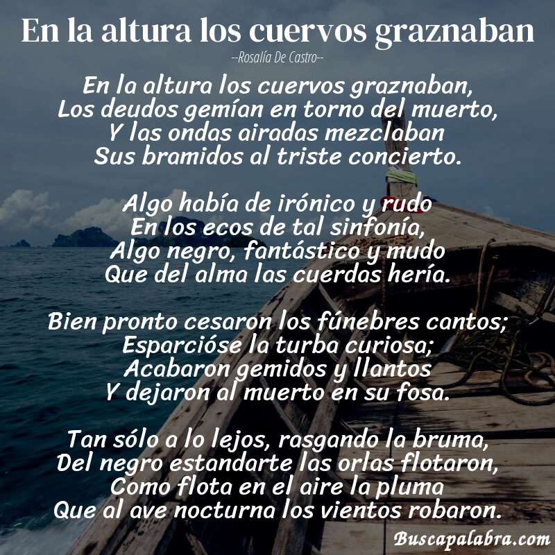 Poema En la altura los cuervos graznaban de Rosalía de Castro con fondo de barca