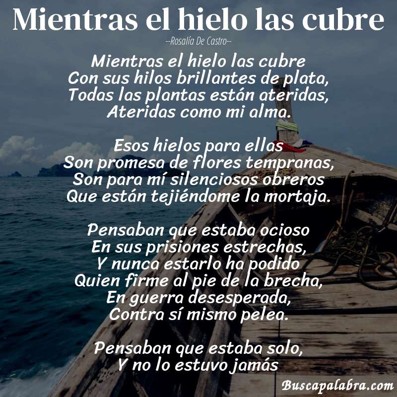 Poema Mientras el hielo las cubre de Rosalía de Castro con fondo de barca