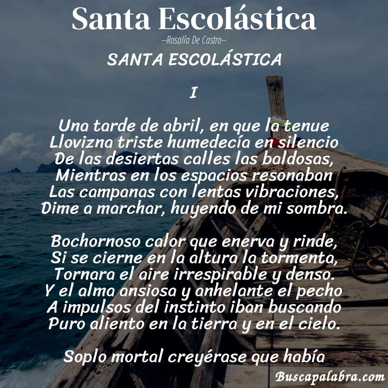 Poema Santa Escolástica de Rosalía de Castro con fondo de barca