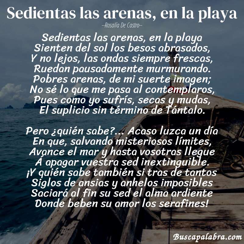 Poema Sedientas las arenas, en la playa de Rosalía de Castro con fondo de barca