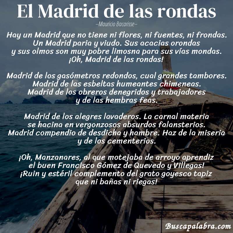 Poema El Madrid de las rondas de Mauricio Bacarisse con fondo de barca