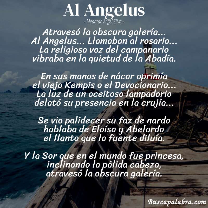 Poema Al Angelus de Medardo Ángel Silva con fondo de barca