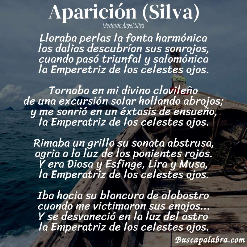 Poema Aparición (Silva) de Medardo Ángel Silva con fondo de barca