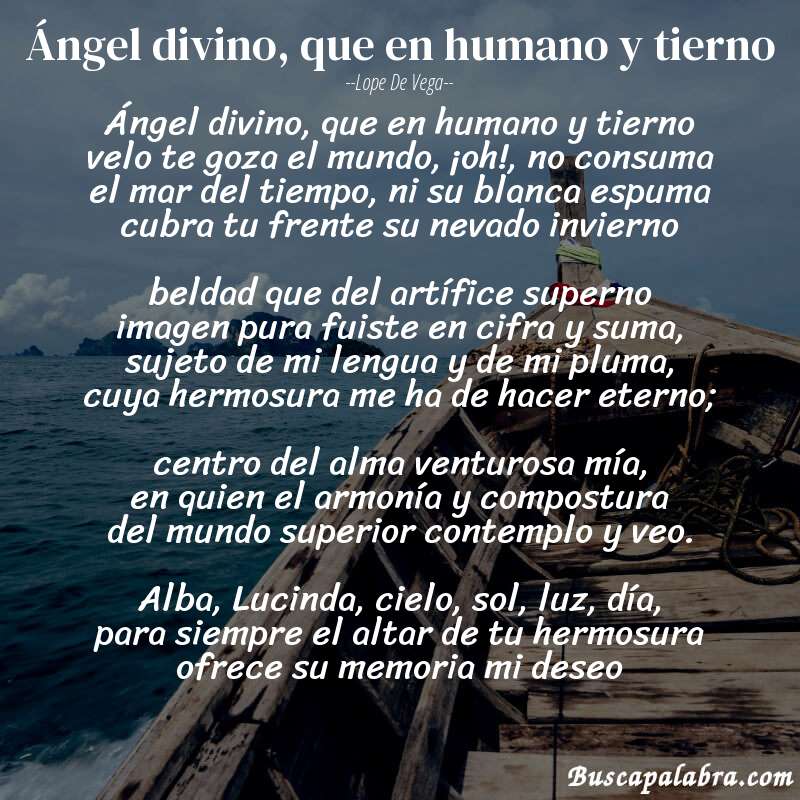 Poema Ángel divino, que en humano y tierno de Lope de Vega con fondo de barca