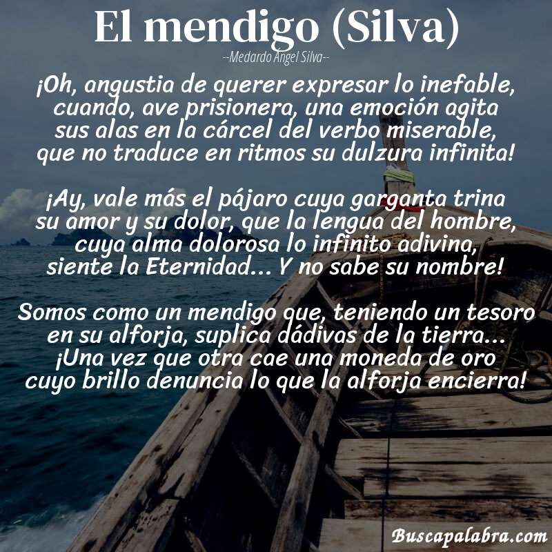 Poema El mendigo (Silva) de Medardo Ángel Silva con fondo de barca