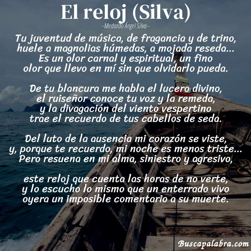 Poema El reloj (Silva) de Medardo Ángel Silva con fondo de barca