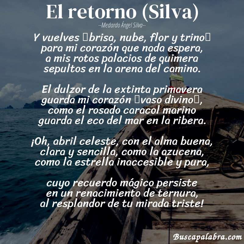 Poema El retorno (Silva) de Medardo Ángel Silva con fondo de barca