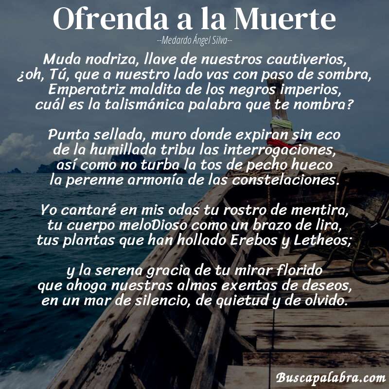 Poema Ofrenda a la Muerte de Medardo Ángel Silva con fondo de barca