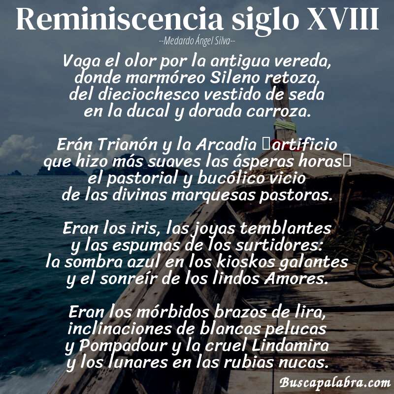 Poema Reminiscencia siglo XVIII de Medardo Ángel Silva con fondo de barca