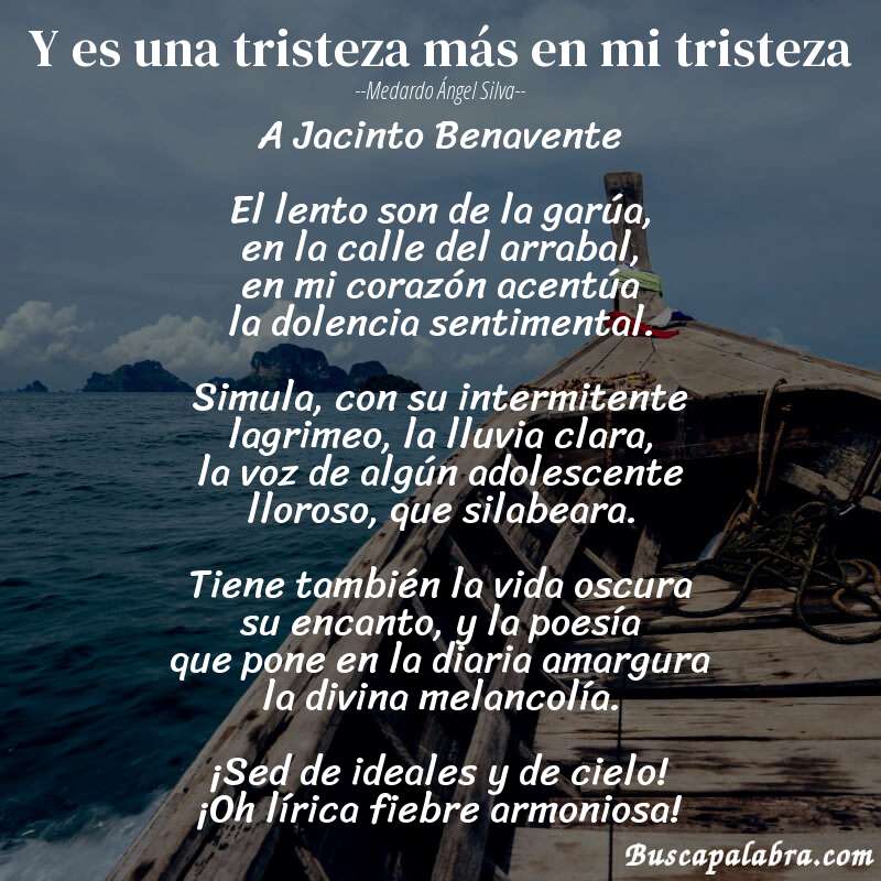 Poema Y es una tristeza más en mi tristeza de Medardo Ángel Silva con fondo de barca