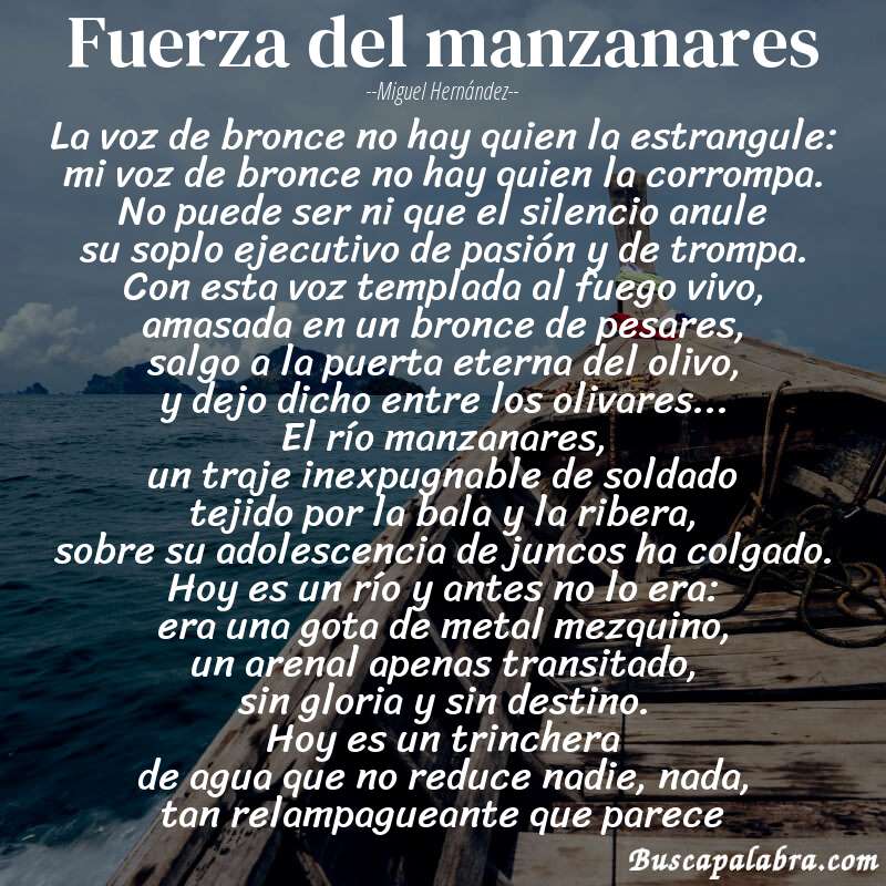 Poema fuerza del manzanares de Miguel Hernández con fondo de barca