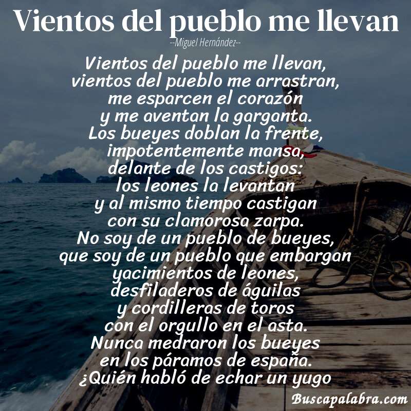 Poema vientos del pueblo me llevan de Miguel Hernández con fondo de barca