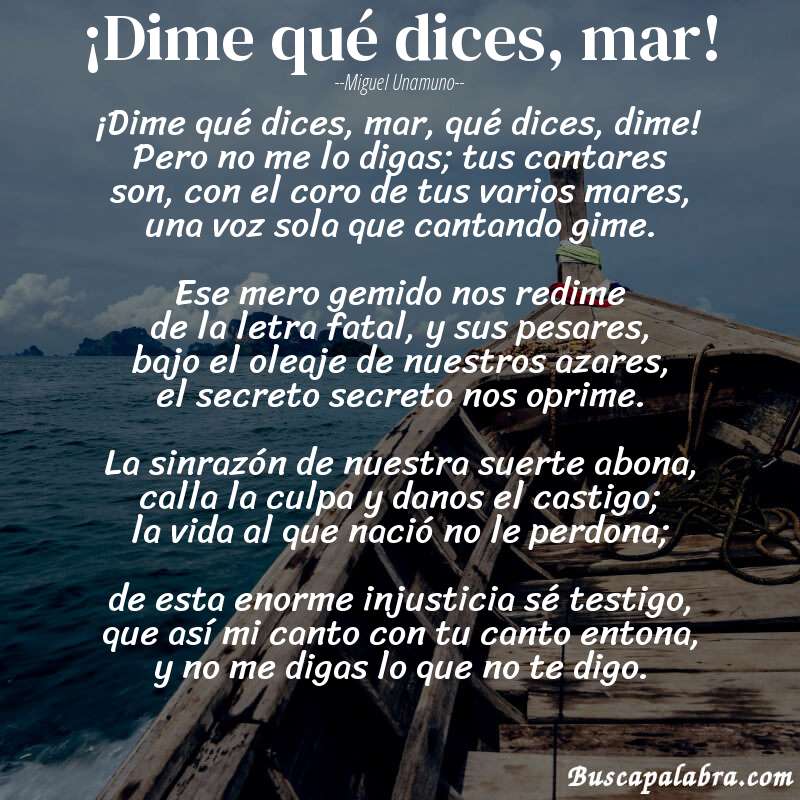 Poema ¡Dime qué dices, mar! de Miguel Unamuno con fondo de barca