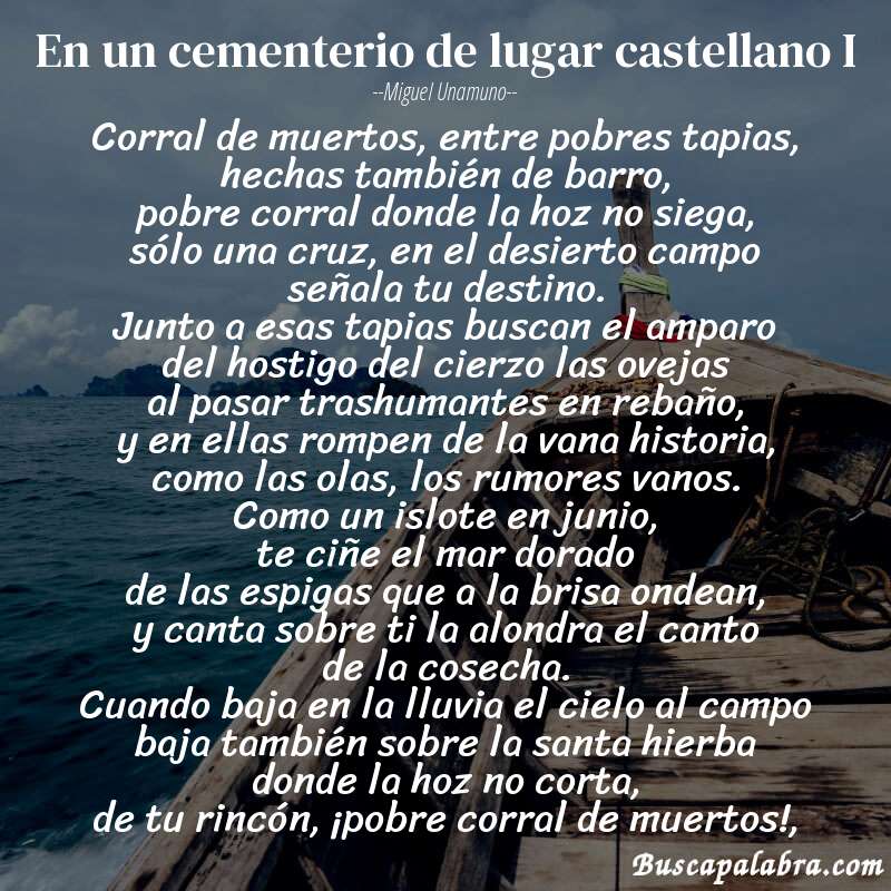Poema En un cementerio de lugar castellano I de Miguel Unamuno con fondo de barca