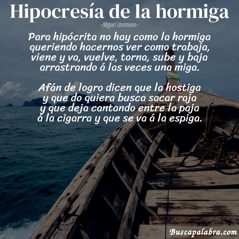 Poema Hipocresía de la hormiga de Miguel Unamuno con fondo de barca